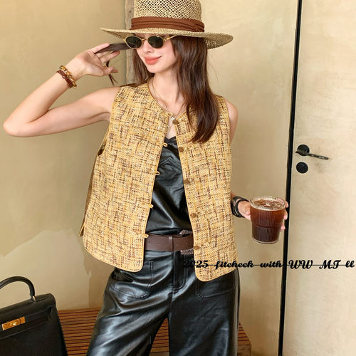 欧洲站圆领无袖格子马甲背心外套