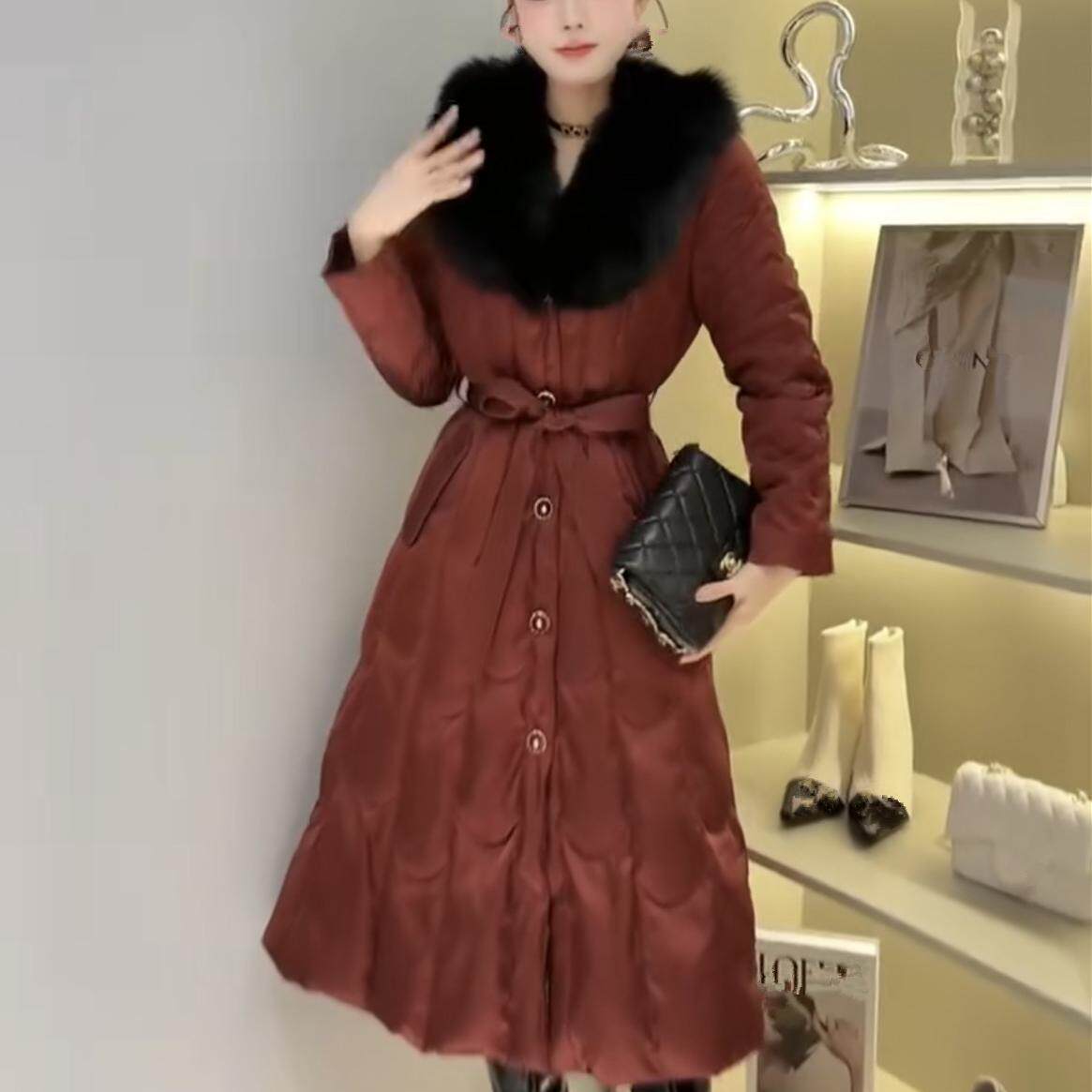 欧洲站2024冬时尚狐狸毛领系腰带修身白鹅绒长款保暖羽绒服女9032