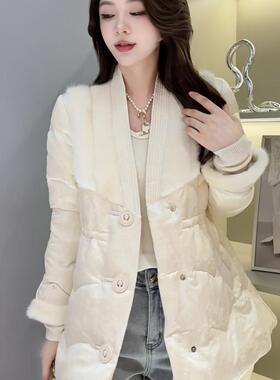 欧洲站2024冬新中式国风拼水貂毛V领时尚轻奢白鹅绒羽绒服女9002