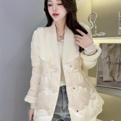 水貂毛中长羽绒服轻奢显瘦V领