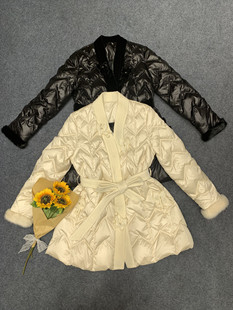 欧洲站2023冬女袖 v领拼接丝绒蝴蝶白鹅绒羽绒服6015 口水貂毛时尚