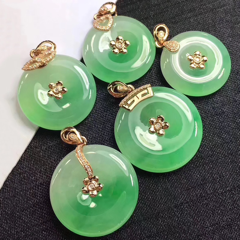 翡翠玉平安扣吊坠18K黄金玫瑰金白金镶嵌定制冰种阳绿飘花雪花棉