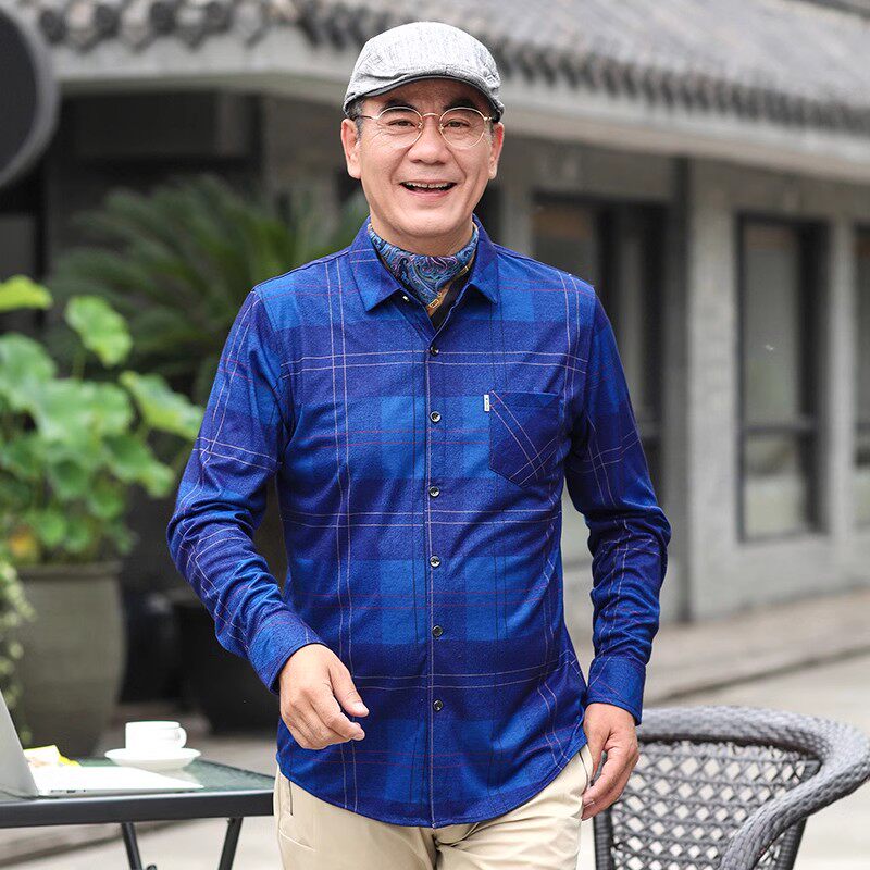 春季中年男士格子长袖衬衫男老人春装爸爸中老年衬衣40-50岁春秋