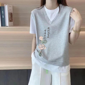 T恤夏洋气减龄假两件半袖 外贸品牌出口清仓100%纯棉时尚 短袖 上衣