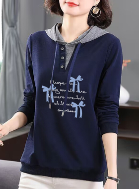 外贸清仓品牌捡漏100%纯棉气质长袖连帽T恤女秋季宽松大码上衣潮