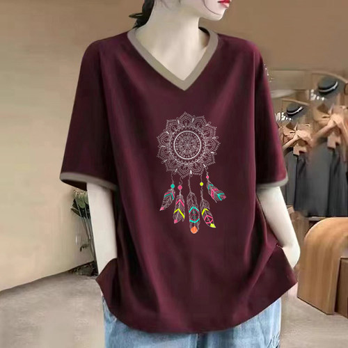 100%纯棉短袖V领T恤女夏上衣