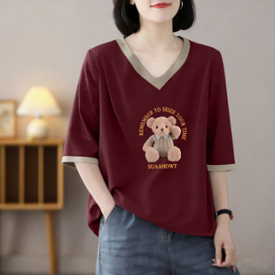 休闲T恤女显瘦休闲V领减龄上衣夏季 外贸出口清仓中袖 纯棉气质时尚