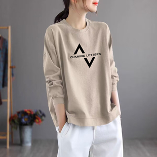 上衣潮 休闲宽松打底衫 外贸出口清仓100%纯棉气质长袖 t恤女秋冬季