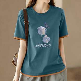 外贸出口清仓高品质100%纯棉拼接短袖 简约气质正肩上衣 T恤女夏季