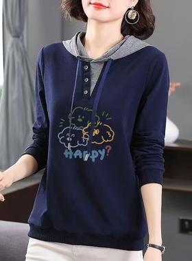 外贸清仓品牌出口100%纯棉连帽气质T恤女秋季宽松时尚休闲上衣潮