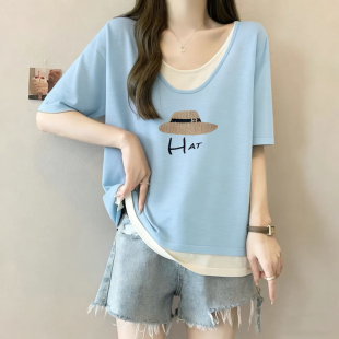 宽松别致上衣 时尚 外贸出口清仓100%纯棉气质假两件短袖 T恤女夏季