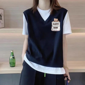 外贸清仓出口捡漏100%纯棉夏季 宽松假两件短袖 T恤气质拼接上衣女