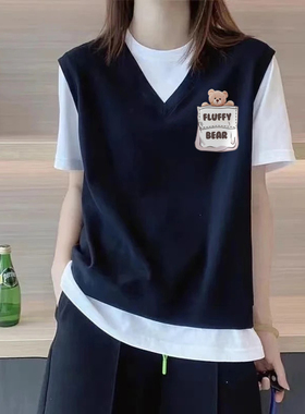 外贸清仓出口捡漏100%纯棉夏季宽松假两件短袖T恤气质拼接上衣女