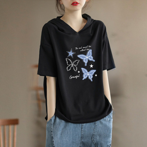 外贸出口清仓100%纯棉连帽短袖t恤女夏宽松休闲百搭时尚气质上衣