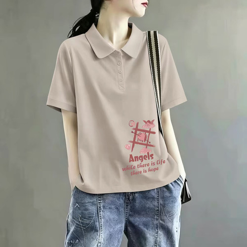 100%纯棉女装翻领短袖T恤女夏