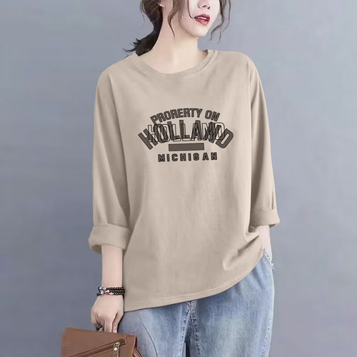 100%纯棉秋装圆领长袖T恤女