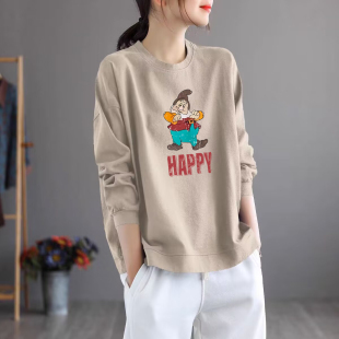 宽松上衣 时尚 外贸清仓出口100%纯棉长袖 气质t恤女秋冬休闲打底衫