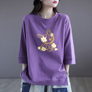 上衣 气质T恤女夏宽松休闲打底半袖 外贸出口清仓100%纯棉时尚 中袖