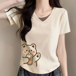 外贸出口清仓100%纯棉V领短袖 气质上衣 t恤女百搭潮流撞色简约时尚