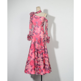 摩登舞练功服女春夏新款交谊舞粉花网豹纹网修身小鱼骨大摆连衣裙