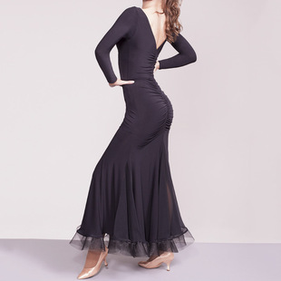 国标舞V领连衣裙摩登舞新款夏冰丝后大V显瘦练习表演交谊舞大摆裙