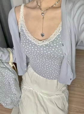 Brandy Girl美式复古浅蓝色碎花蕾丝边吊带背心bm性感辣妹上衣女