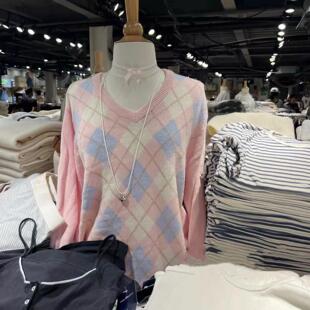 Brandy Girl美式复古菱格V领套头长袖毛衣bm风宽松慵懒风针织衫女