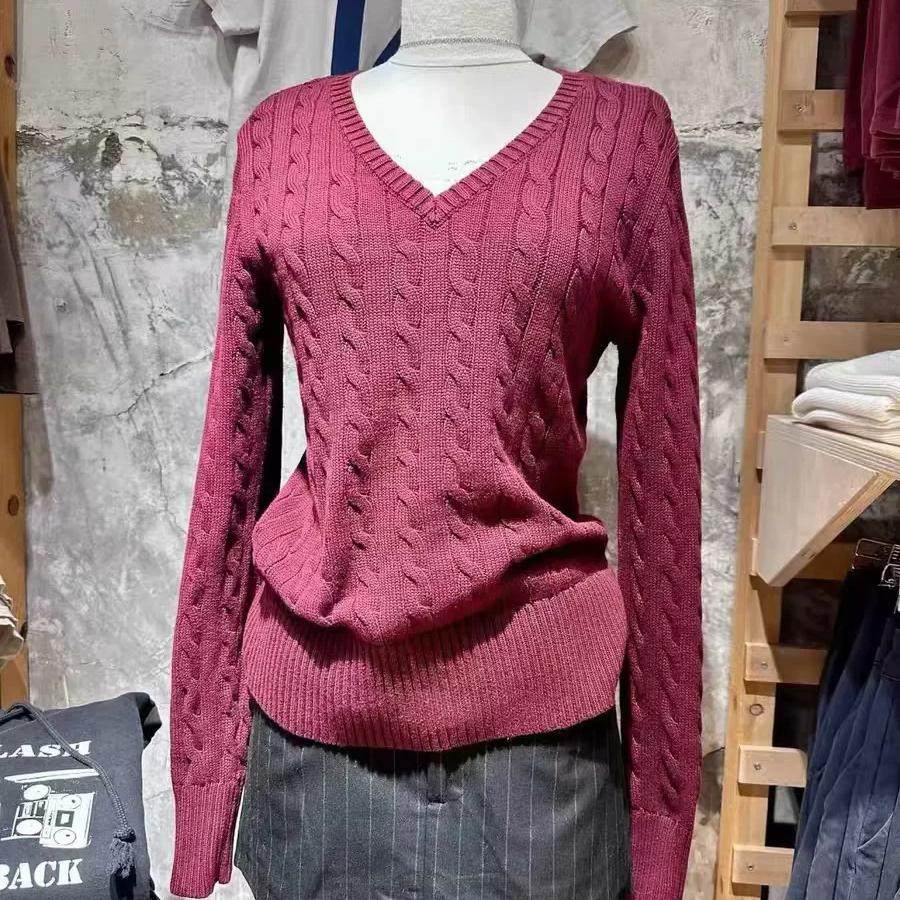 美式复古麻花针织V领毛衣