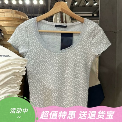 显瘦百搭辣妹碎花蕾丝短袖T恤
