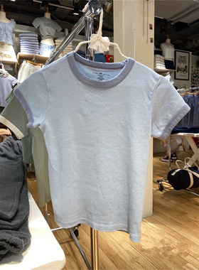 Brandy Girl新款复古纯棉圆领浅蓝色包边修身短袖t恤女 bm风