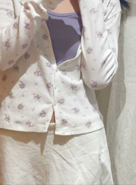 Brandy Girl美式复古辣妹紫色碎花长袖T恤bm风修身显瘦百搭上衣女