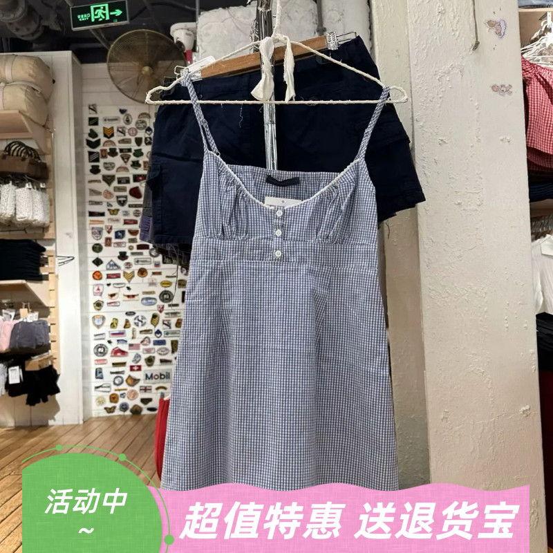 Brandy Girl美式复古格子三粒扣吊带连衣裙bm风修身显瘦A字短裙女