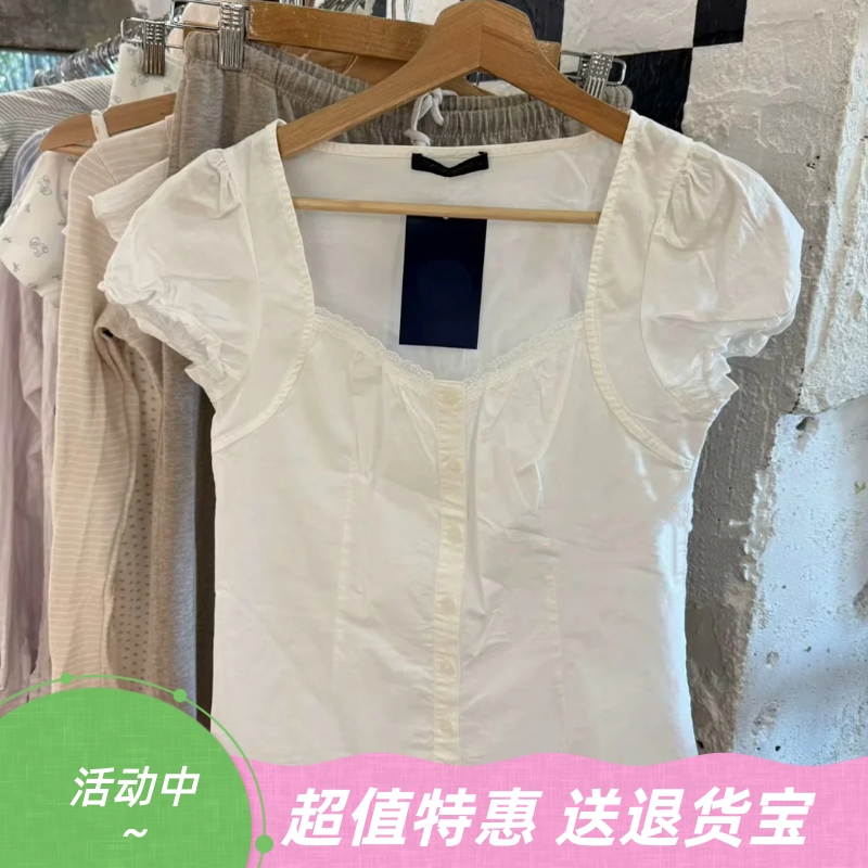 蕾丝花边泡泡袖短袖衬衫