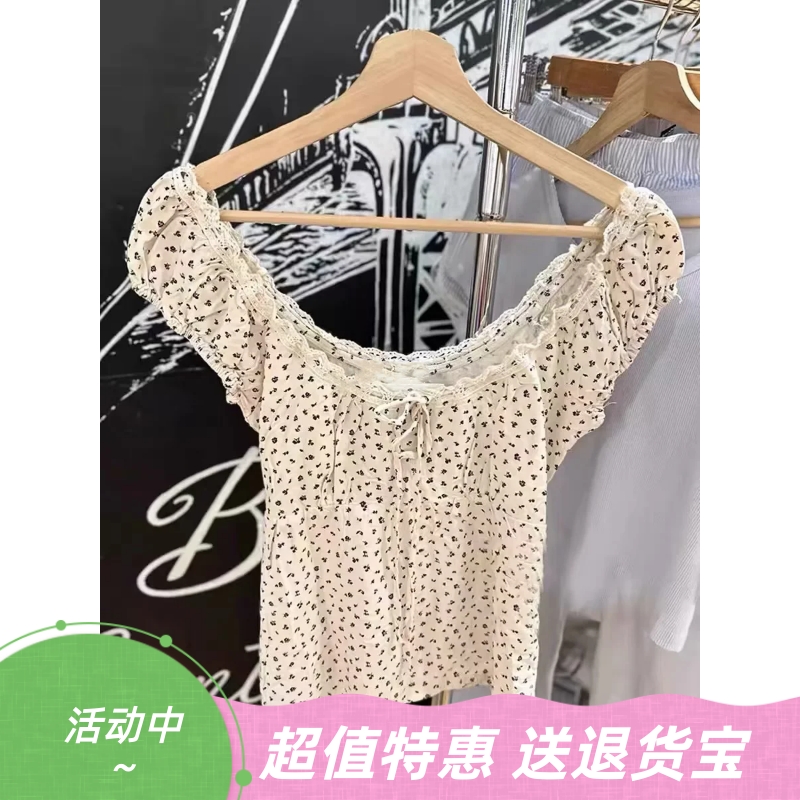 美式复古花边领系带泡泡袖衬衫