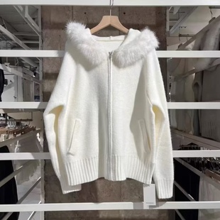 保暖百搭毛衣外套 女bm风长袖 Brandy Girl大毛领连帽拉链针织开衫