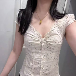 Brandy Girl美式复古辣妹碎花短袖衬衫bm修身显瘦百搭荷叶边上衣