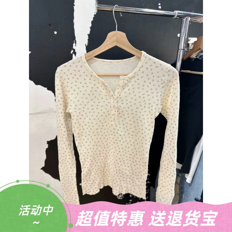 美式复古五粒扣华夫格长袖T恤