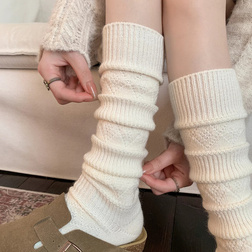加厚保暖堆堆袜子女长筒袜秋冬季羊毛混纺护腿瘦小腿袜配靴子长袜
