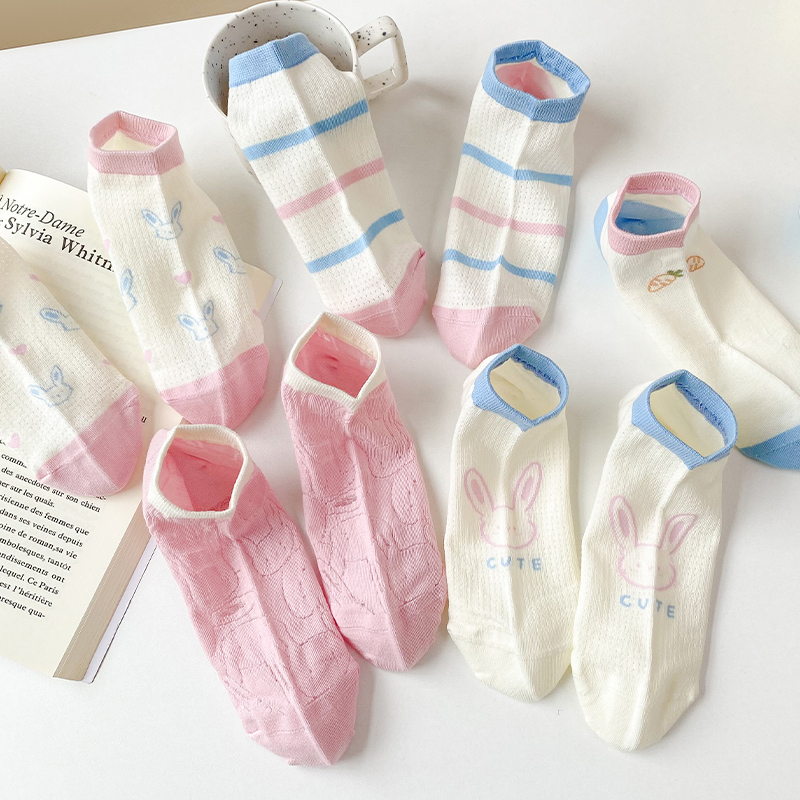 袜子女浅口短袜夏季纯棉蓝色兔子