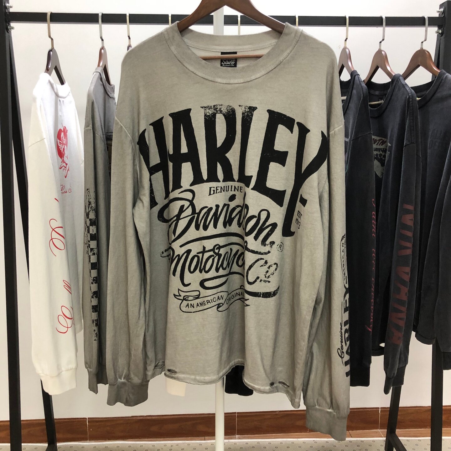 Saint Michael 26ss 美式哈雷里程碑限定洗水做旧破坏长袖T恤潮