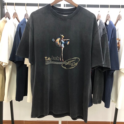 Travis Scott x FRAGMENT x 村上隆美少女洗水做旧短袖T恤男女潮