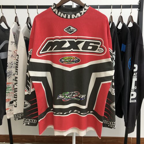 SAINT MICHAEL 25SS MX6 L/S TE赛车风格裂纹洗水长袖T恤男女潮