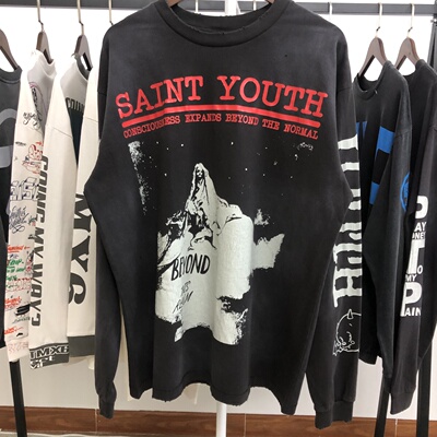 SAINT Michael SAINT YOUTH 25AW狼印花做旧vintage破坏长袖T恤潮