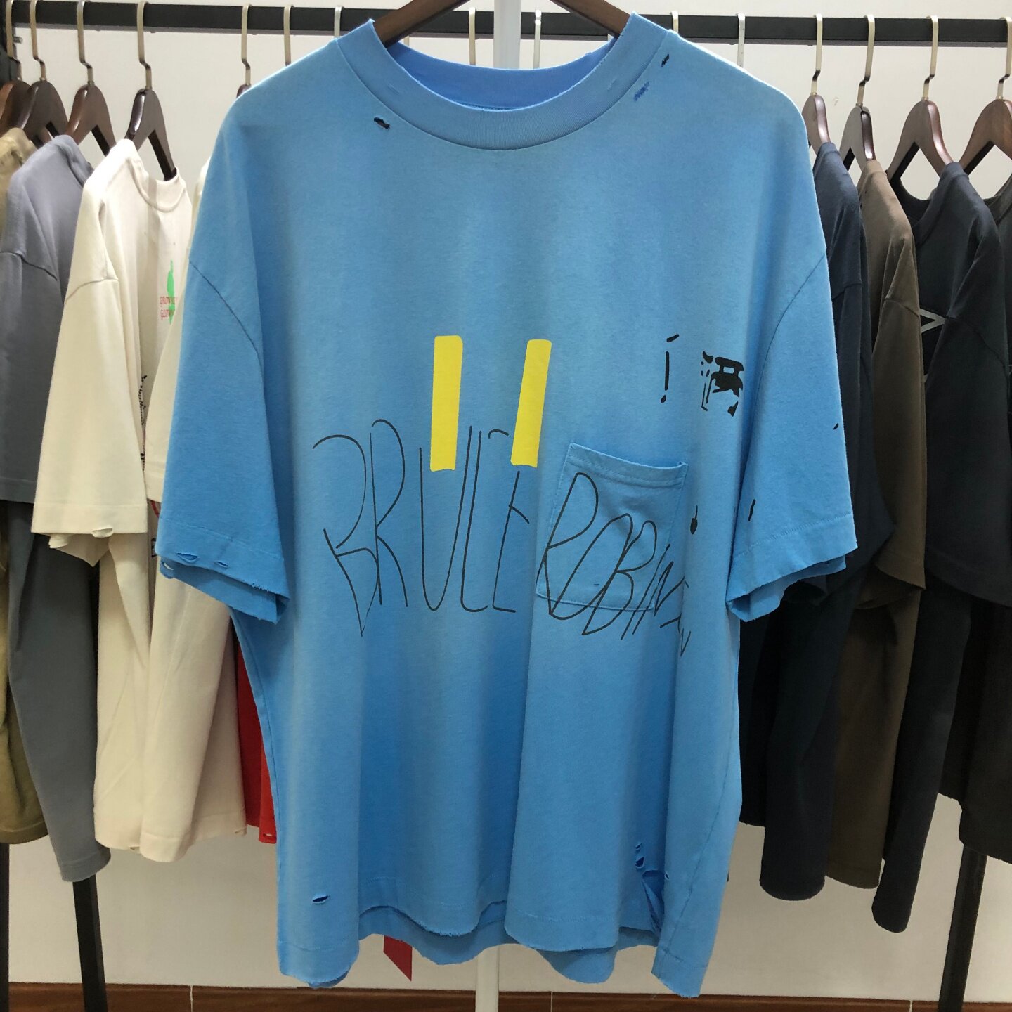 Paly Hollywood口袋天空蓝vintage水洗复古做旧宽松VTG短袖T恤男