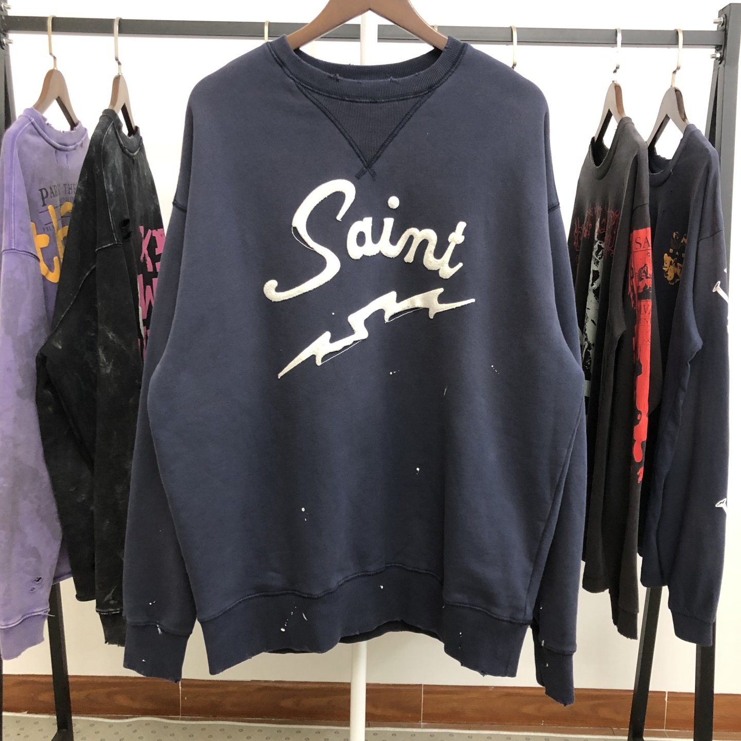 SAINT MICHAEL25SS CRW-N SWEAT闪电刺绣休闲做旧圆领卫衣男女潮