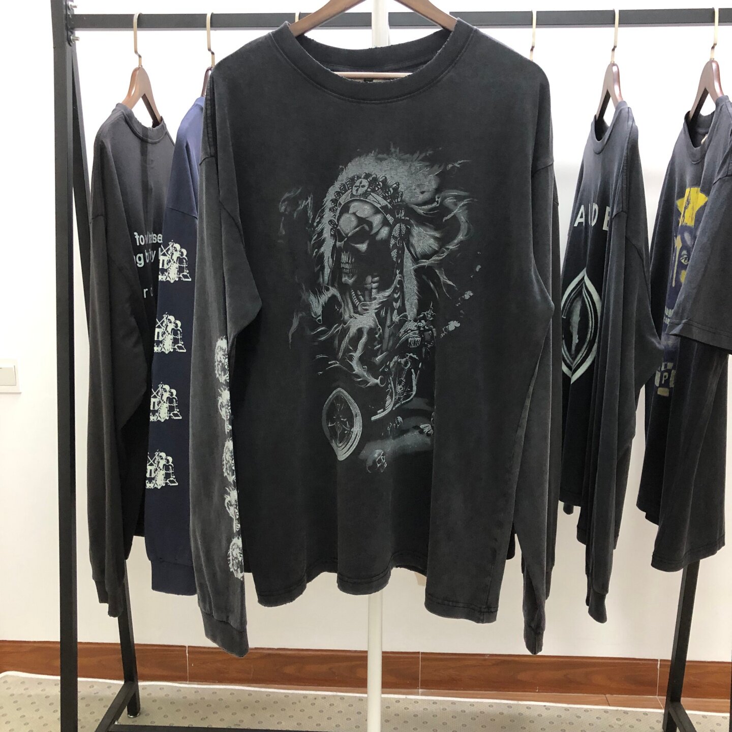 西海岸vintage复古印第安亡灵机车印花洗水做旧宽松长袖T恤男女潮