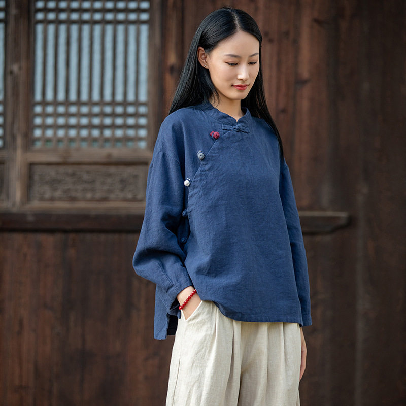 棉麻女装复古立领偏襟拼色盘扣上衣茶服仙气佛系禅意国风女式衬衫