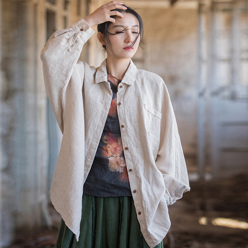 棉麻复古休闲中长款衬衫女外套穿蝙蝠袖宽松遮屁股长袖大码衬衣