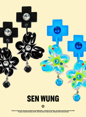 SEN WUNG【晓梦蝴蝶】蓝绿渐变独特蝴蝶耳钉黑色镂空水钻蝴蝶耳夹