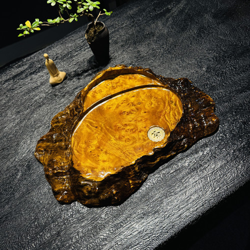 黄金樟360度自然边满榴花金丝实木家居休闲干湿两用茶盘46×36×8